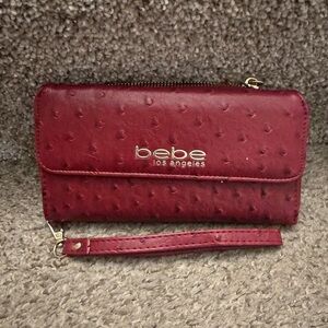 BEBE Clarita Ostrich Wallet With Wristlet Garnet NWT